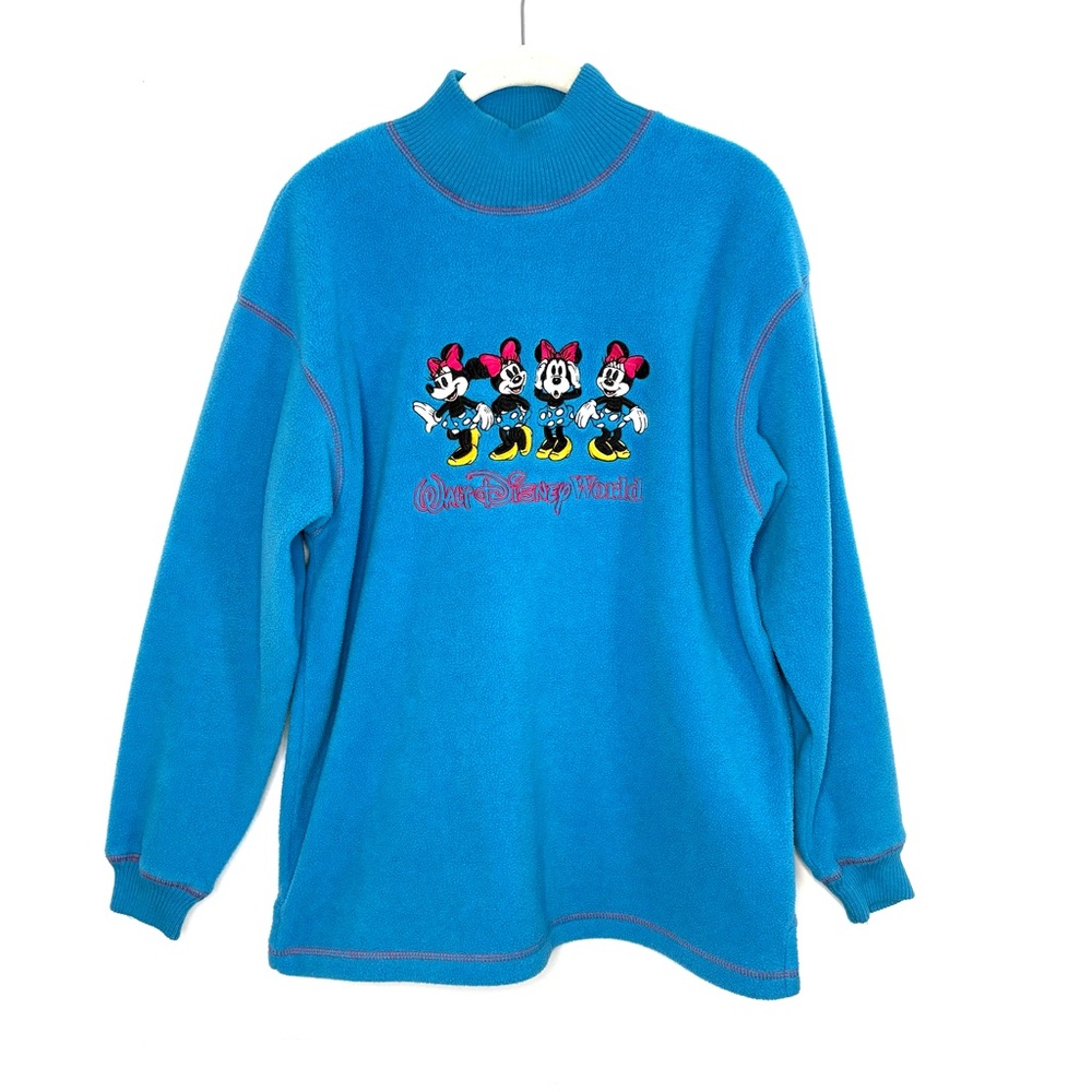 Vtg Disney World Sweater Sz S Minnie Mouse Blue Mock Turtle Neck Fleece Pullover